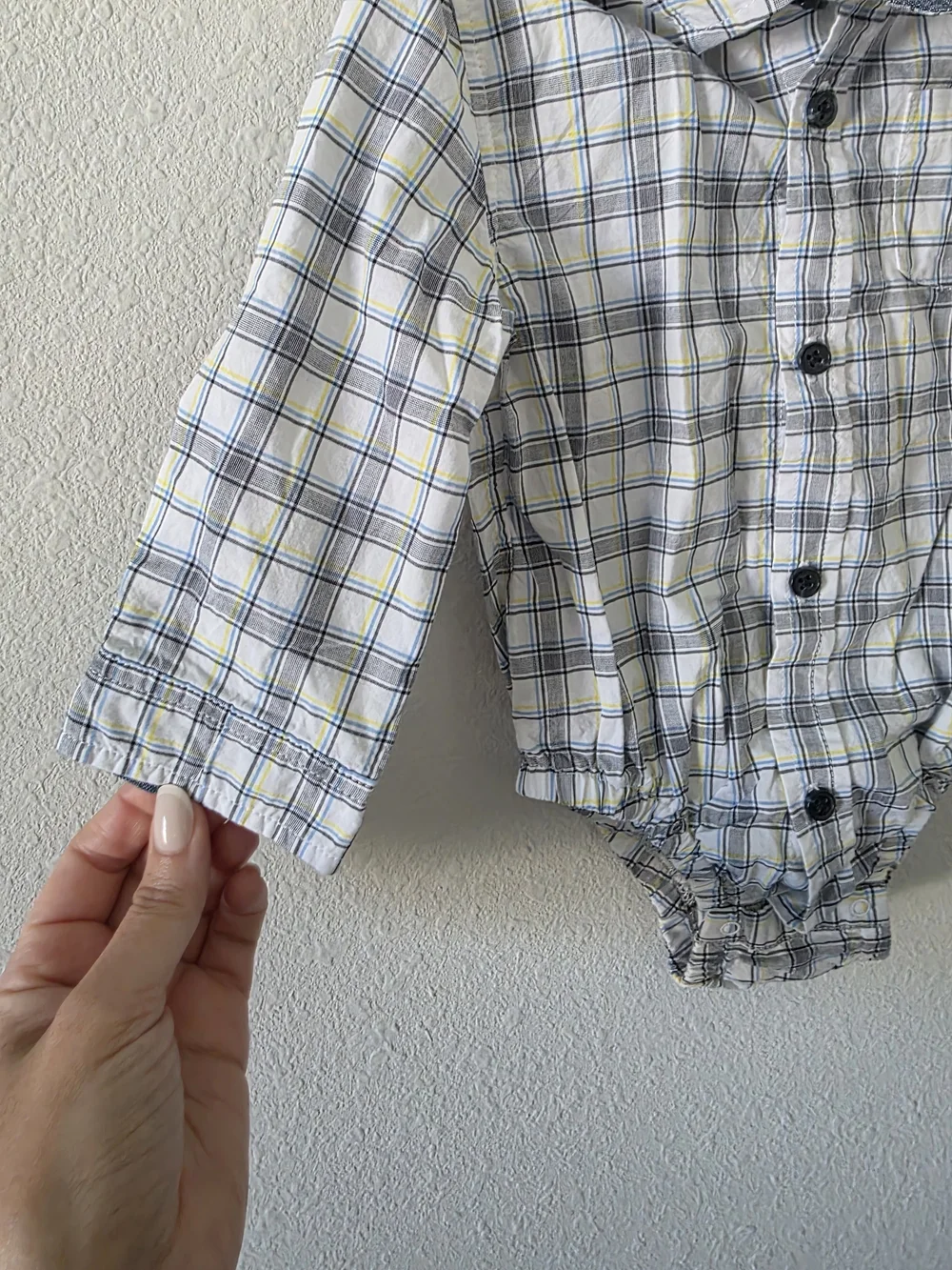 Koala Kids White and Blue Plaid Long-Sleeve One-Piece Bodysuit